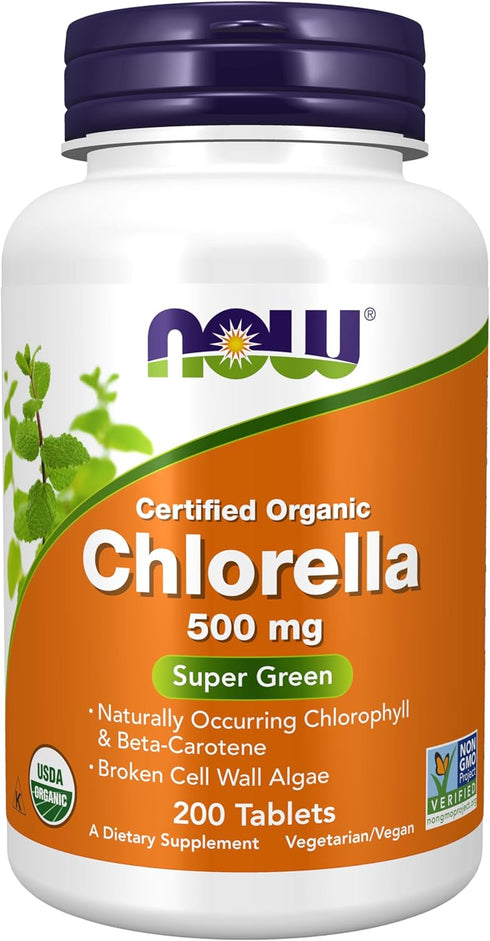 NOW Supplements, Organic Chlorella 500 mg with naturally occurring Chlorophyll, Beta-Carotene, mixed Carotenoids, Vitamin C, Iron and Protein, 200...