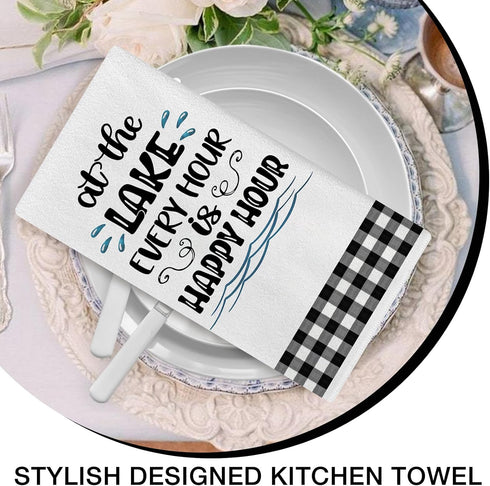 Seliem Live Love Lake House Kitchen Dish Towel Set of 2, Black White Buffalo Plaid Check Anchor Paddle Tea Bar Hand Drying Cloth, Spring Summer Fa...