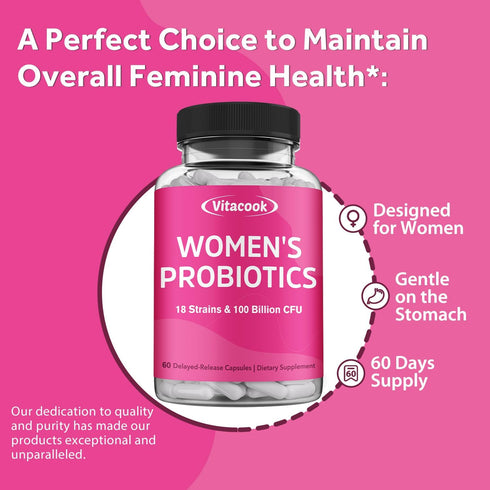Women’s Probiotics, 100 Billion CFU, 18 Strains, Prebiotics, Cranberry, VB6 & VC, Mood, Vaginal & Urinary Tract Health, Shelf Stable, 60 Delayed R...