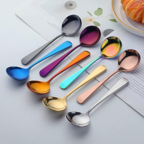 Broth Round Spoon Set, 8-Piece Reusable Stainless Steel Dinner Table Cereal Soup Spoon, Camping Ramen Spoons...