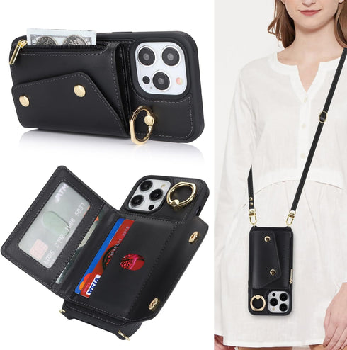 for iPhone 12 Pro Max Case with Card Holder and Strap - Zipper Pocket,Crossbody Lanyard Strap,Credit Card Holder,Stand Ring,Cute Phone Wallet Case...