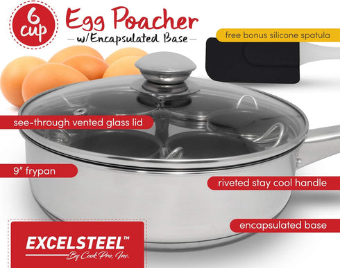 EXCELSTEEL Non Stick Easy Use Rust Resistant Home Kitchen Breakfast Brunch Induction Cooktop Egg Poacher, 6 Cup, Stainless Steel, Round...