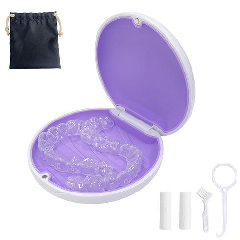 Retainer Case,Cute Slim Aligner Case Compatible with Invisalign,Retainer Holder with Aligner Remover Tool, Chew & Brush,Rope Bag (White Shell Purp...