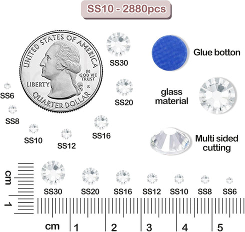 Queenme 3MM 2880pcs SS12 Clear Hotfix Rhinestones Flatback Crystals for Clothes Shoes Crafts Hot Fix Round Glass Gems Stones Flat Back Iron on Rhi...