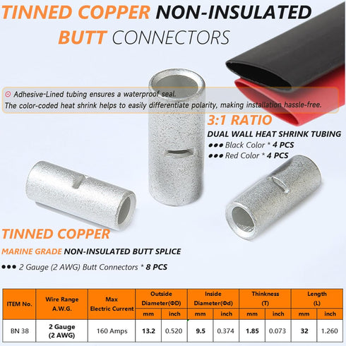 2 AWG Butt Connectors 8PCS 2 Gauge Non-Insulated Butt Splice Connectors 38mm² Uninsulated Crimp Wire Connectors Tinned Copper Marine Grade Crimp B...