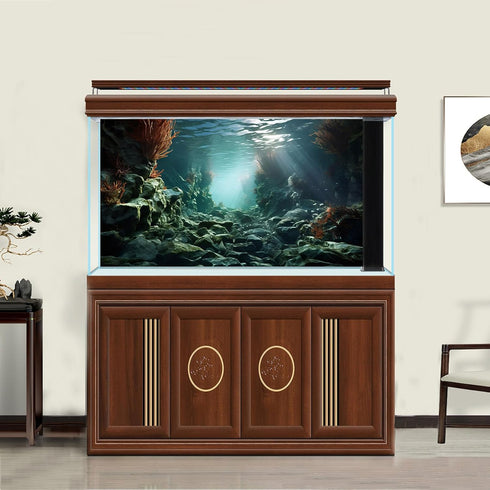 Aquarium Background Underwater Deep Blue Sea Rock Seaweed and Beautiful Sunlight Rays Terrarium Background Sandy Floor with Coral Aquarium Backdro...