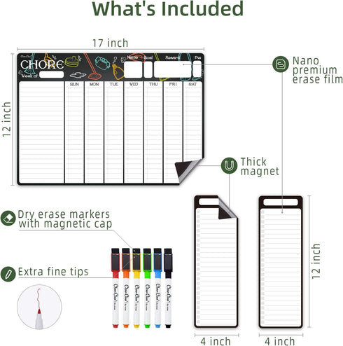 Magnetic Dry Erase Chore Chart - 17"x12" Behavior Responsibility Chore Chart for Kids, Teens, Adults - 4"x12" List Board 2 Pcs - 6 Extra Fine Poin...