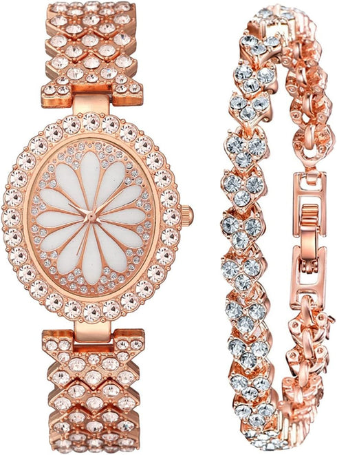 CdyBox Women Luxury Crystal Bracelet Watch Oval Dial Analog Quartz Wristwatch Girls Bangle Jewelry Watches Set (Rose gold)...