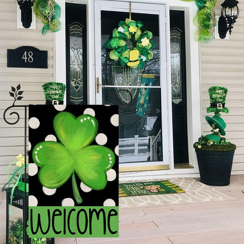CROWNED BEAUTY St Patricks Day Shamrock Garden Flag 12×18 Inch Double Sided Green Clover Small Burlap Welcome Polka Dots Holiday Yard Flag for Out...