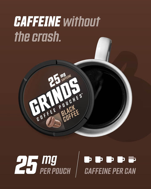 Grinds Coffee Pouches |Tobacco Free, Nicotine Free Healthy Alternative | 3 Cans of Black Coffee | 18 Pouches Per Can | 1 Pouch eq. 1/4 Cup of Coff...