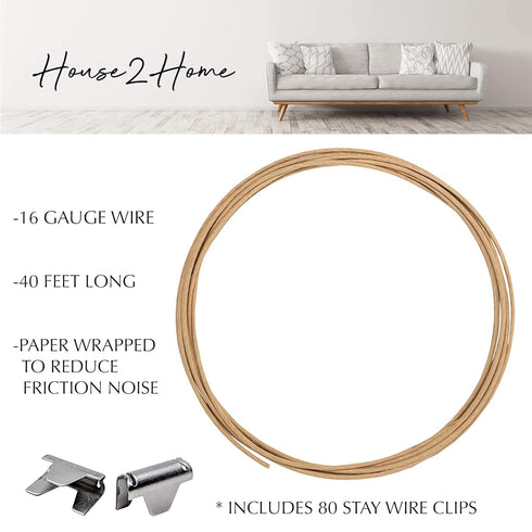 House2Home Upholstery Stay Wire for Sofa Furniture Springs, 40ft with 80 Clips, 16 Gauge Paper Wrapped Wire, Includes Instructions...