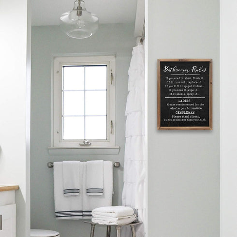 Rustic Bathroom Rules Sign,Farmhouse Toilet Wall Decor,Funny Bathroom Wood Framed Wall Art Decorations(11.8x15.8in) (black)...