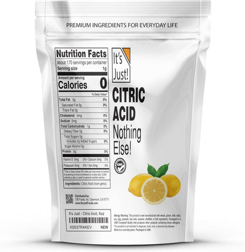 It's Just! - Citric Acid, Food Grade Flavor Enhancer Powder, Non-GMO, Great for Cooking, Cleaning, Bath Bombs, Natural Preservative (6 Ounces)...