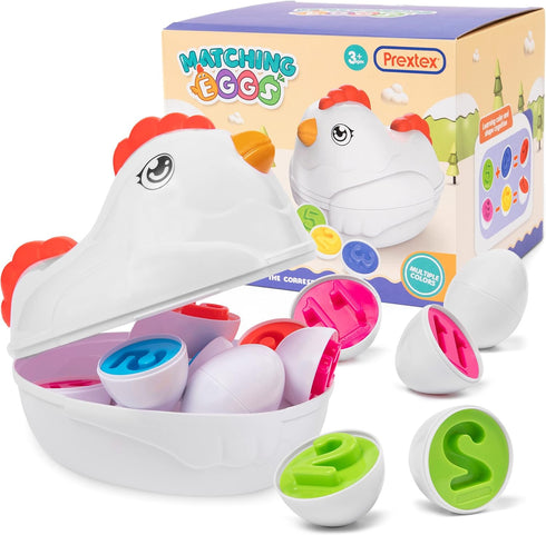 PREXTEX Find & Match Shape Matching Easter Eggs with Shapes and Numbers, Chicken Carrying Case...