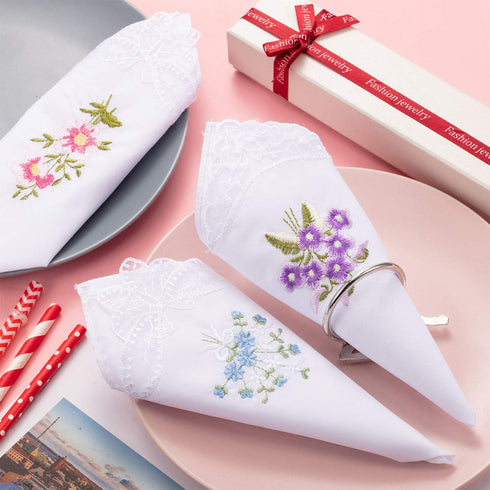 Geyoga 18 Pieces Ladies Cotton Handkerchiefs Flower Embroidered with Lace Colored Embroidered Handkerchiefs for Women...