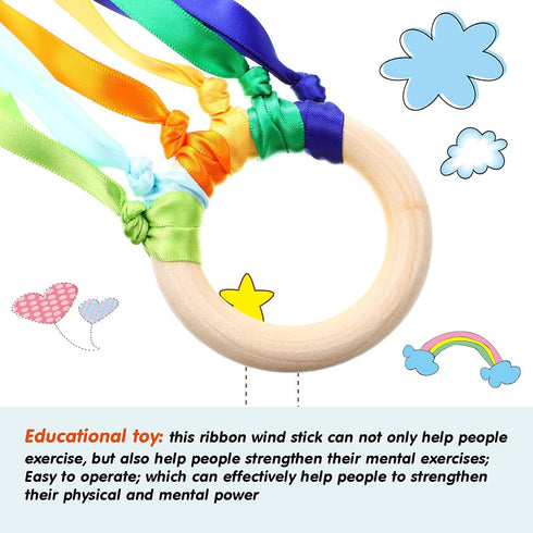 6 Pieces Ribbon Hand Kite Montessori Hand Kite Toy Creative Waldorf Toy Ribbon Streamer with Wood Ring Rainbow Wind Wand Learning Educational Hand...