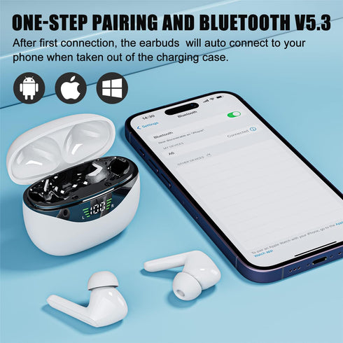 A6 Wireless Earbuds 60H Playtime in-Ear Bluetooth 5.3 Headphones with LED Power Display IPX5 Waterproof Earphones Immersive Stereo Sound Deep Bass...