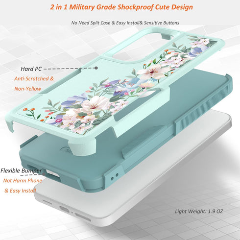 for Samsung Galaxy S24 5G Case with Screen Protector + Camera Lens Protector: Cute Flower Floral Design for Girls Women Slim TPU Bumper Silicone C...