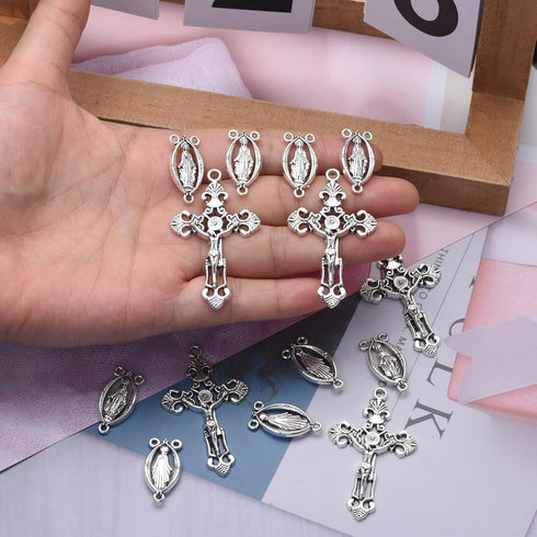 20Pcs Rosary Kits Cross and Center Medal Charms Tibetan Silver Alloy Catholic Jesus Maria Oval Links Pendant for Diy Jewelry Making Supplies...