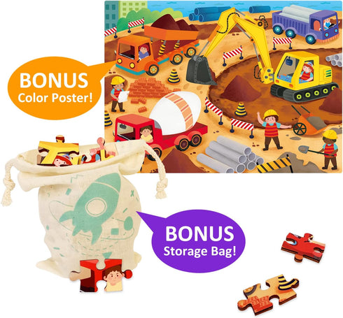 100 Piece Puzzles for Kids Ages 4-8 by MoinKidz, Each Piece is Unique, Construction Site Wooden Jigsaw Puzzle for 3 4 5 6 8 Year Old Toddlers Boys...