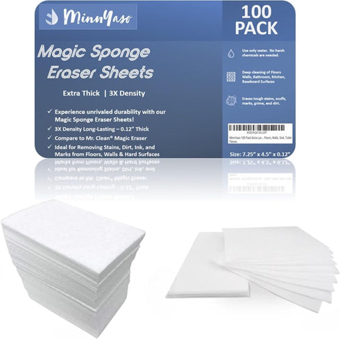 100 Pack Extra Large - Extra Thick - Super Durable Magic Sponge Eraser Sheets 7.25" x 4.5" x 0.12" | All Purpose Household Cleaner Pads for Kitche...