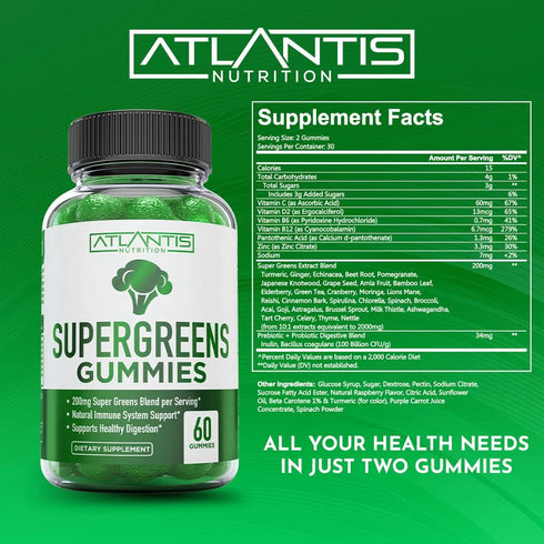 Supergreens Gummies - Daily Green Superfoods Supplement with Spinach, Broccoli, Moringa, Beet Root, Celery, Green Tea, & Acai for Immunity Support...