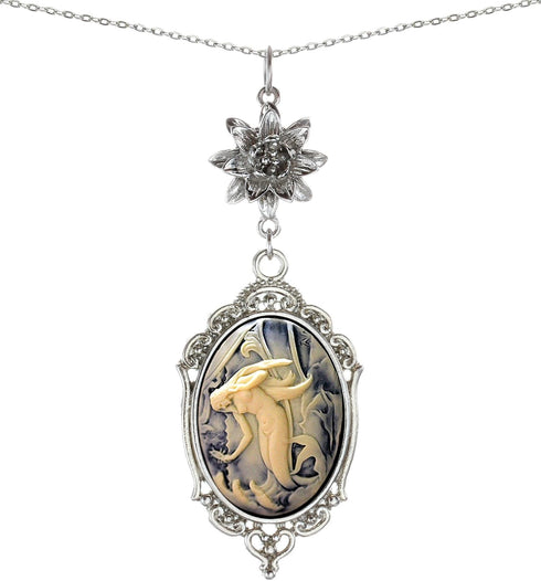 Lotus Charm Necklace Antique Decor Cameo Pendant 2 Chains Velvet Pouch for Gift...