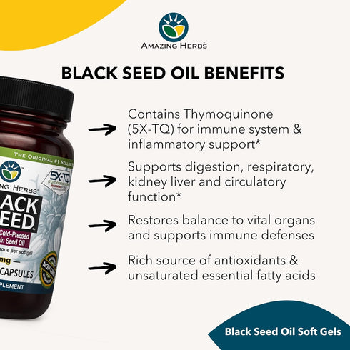 Amazing Herbs Premium Black Seed Oil Capsules - Cold Pressed Nigella Sativa Aids in Digestive Health, Immune Support, Brain Function, Gluten Free,...