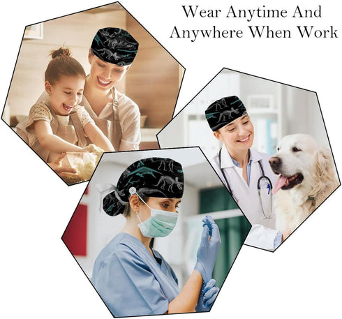 2 Pack Scrub Caps for Women, Ponytail Holder Nurse Hats for Long Hair, Dinosaurs skeleton...