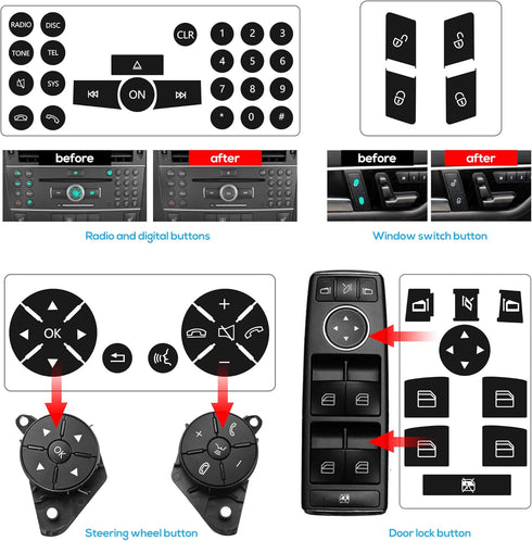 Car Interior Button Repair Decals Kit Steering Wheel Window Switch Door Lock Radio Number Stickers Fits for 2008-2014 Mercedes Benz W204 C250 C350...