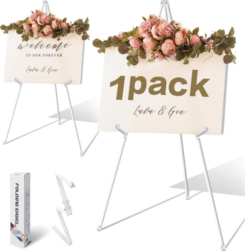 63" White Easel Stand for Wedding Sign Poster Display Easel Folding Art Easel for Floor Adjustable Metal Easel Instant Tripod Easel for Display Pa...
