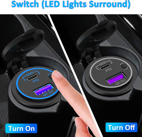 65W PD 12V USB Outlet for Laptop - Qidoe 83W USB C 12V Quick Charge3.0 18W with Power Switch Long Body Waterproof Car Charger Socket for Car Boat ...