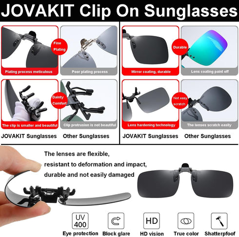 JOVAKIT Square Polarized Clip On Flip Up Sunglasses Over Prescription Glasses for Men Women Rectangle Shape Sun Glasses...