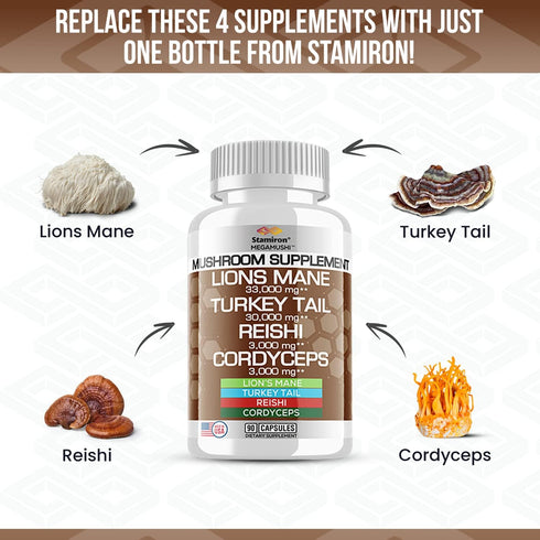 Stamiron Lions Mane Supplement Turkey Tail Mushroom Capsules with Cordyceps Extract & Reishi Mushrooms - Alt to Mushroom Gummies, Mushroom Powder,...