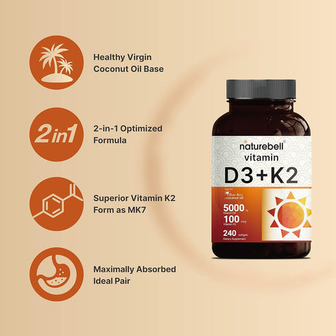 NatureBell Vitamin D3 5000 K2 (MK7) with Virgin Coconut Oil, 240 Softgels, 100mcg, 2 in 1 Support, Duo-Ack | 8 Months Supply | Third Party Tested,...