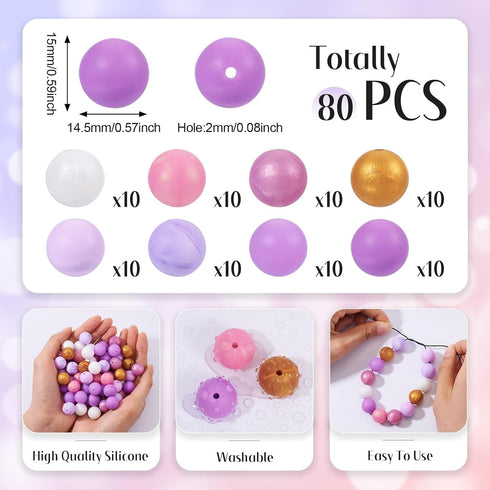 Beadthoven 80pcs 15mm Purple Silicone Beads 8 Colors Silicone Beads for Keychain Making DIY Necklace Bracelet Beads Set Bulk Round Ball Round Rubb...