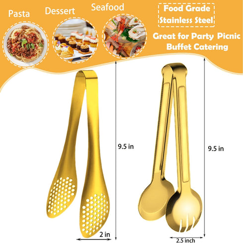 4 PCS Serving Tongs 9 Inch Buffet Tongs Stainless Steel Serving Utensils for Salad Buffet Appetizer Dessert Food Parties, Gold...