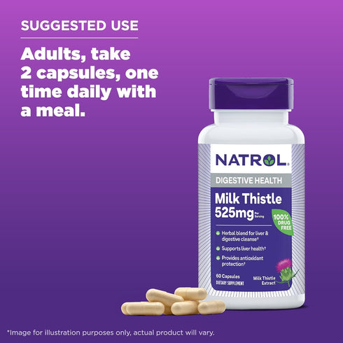 Natrol Milk Thistle 525 mg per serving, Dietary Supplement for Digestive Health, Milk Thistle Supplement, 60 Capsules, 30 Day Supply...