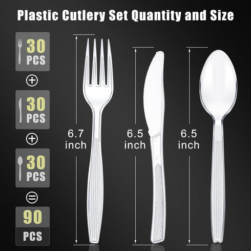 90 Pack Plastic Cutlery Set - Disposable Plastic Utensils- Plastic Silverware Sets for Wedding Catering Parties - 30 Forks, 30 Spoons, And 30 Kniv...
