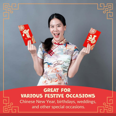 Chinese New Year Red Envelopes - 24-Count Chinese Red Packets, Hong Bao with Gold Foil Design, Gift Money Envelopes, Fu, He, 2 Designs...