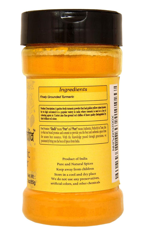 Shudh India Turmeric (Haldi) Root Powder Spice, (High Curcumin Content) 3oz (85g) PET Jar ~ All Natural | Vegan | Gluten Friendly | NON-GMO | Indi...