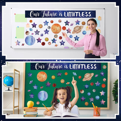 97 Pcs Space Classroom Bulletin Board Decorations Solar System Galaxy Classroom Decorations Cutouts Galaxy Our Future is Limitless with Large Star...