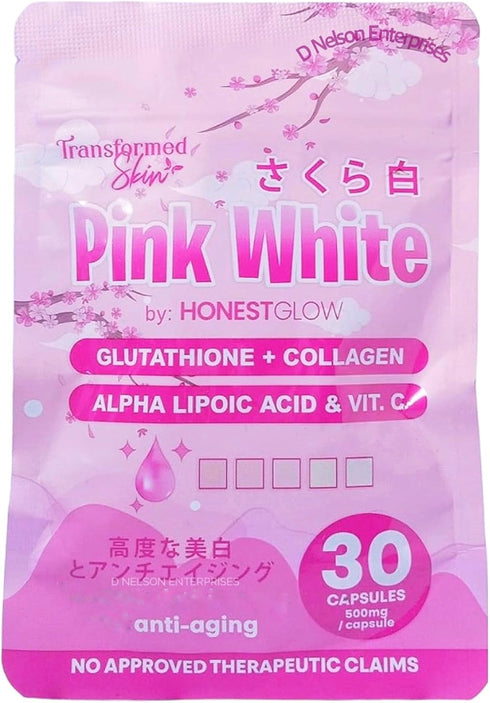 Transformed Skin Pink White Glutathione + Collagen Capsules, 30 Count...