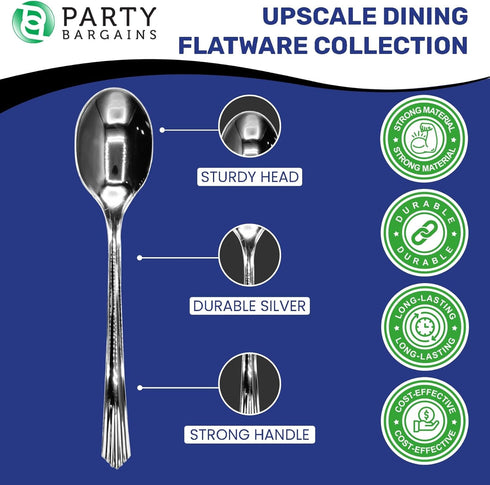 Party Bargains Disposable Upscale Collection Tea Spoons, 40 Count, Silver, Plastic Flatware Cutlery Utensils, Excellent for Birthdays, Parties, Bu...