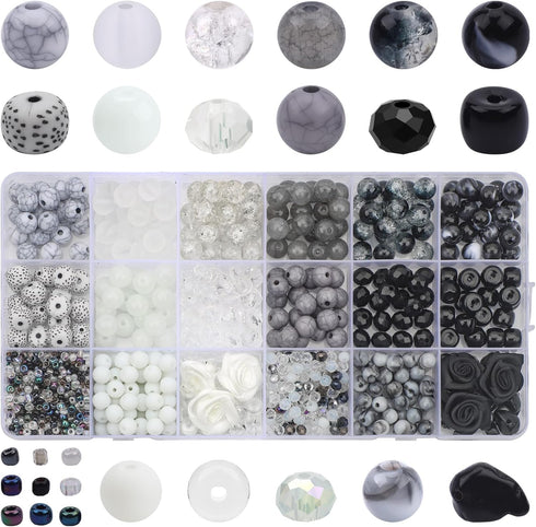 1018pcs Beads for Jewelry Making 8mm Glass Beads Black White Color Round Loose Spacer Beads for DIY Craft Bracelet Necklace Earring...