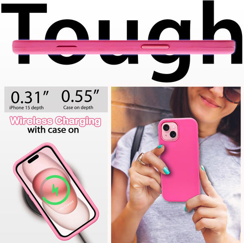 Coolwee Full Body Protective Hybrid 3 Layers Rugged for iPhone 15 Hot Pink Case - 6.1 inch, Heavy Duty Shockproof for Girls with Camera & Screen P...
