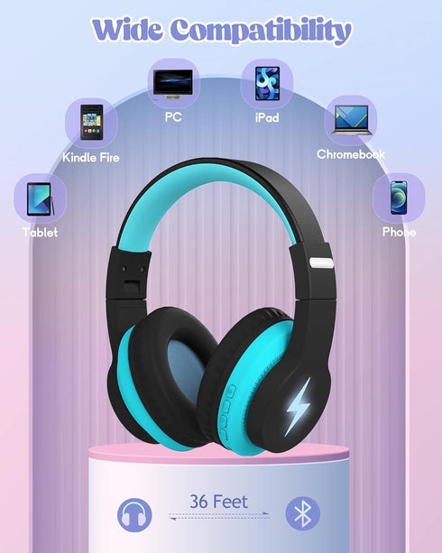 Kids Bluetooth Headphones, Colorful Wireless Over Ear Headset with LED Lights, Built-in Mic, 45H Playtime, 85dB/94dB Volume Limited Headphones for...