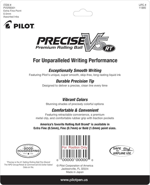 PILOT Precise V5 RT Extra-Fine Premium Retractable Rolling Ball Pens, 0.5mm, Assorted Colors, 8 Count (11890)...