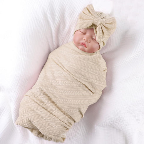 OMUKY Newborn Receiving Blanket Bow Headband and Beanie Set Baby Swaddle Receiving Blankets Baby Boy Girls Nursery Swaddle Wrap(Khaki)...