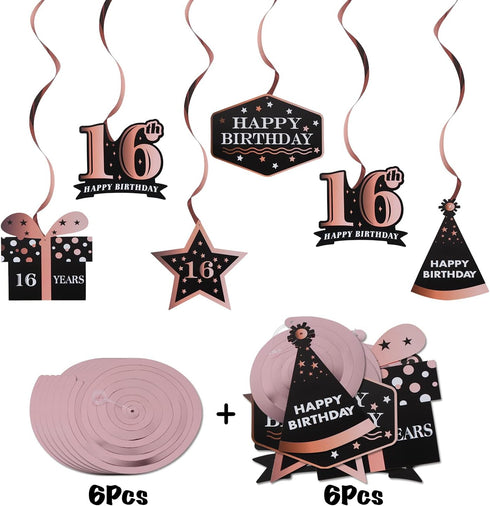 LINGTEER Happy 16th Birthday Decorations - 12 Pcs Birthday Black & Rose Gold Foil Swirls Streamer Set,Cheers to Sixteen Years Old Bday Party Gift ...